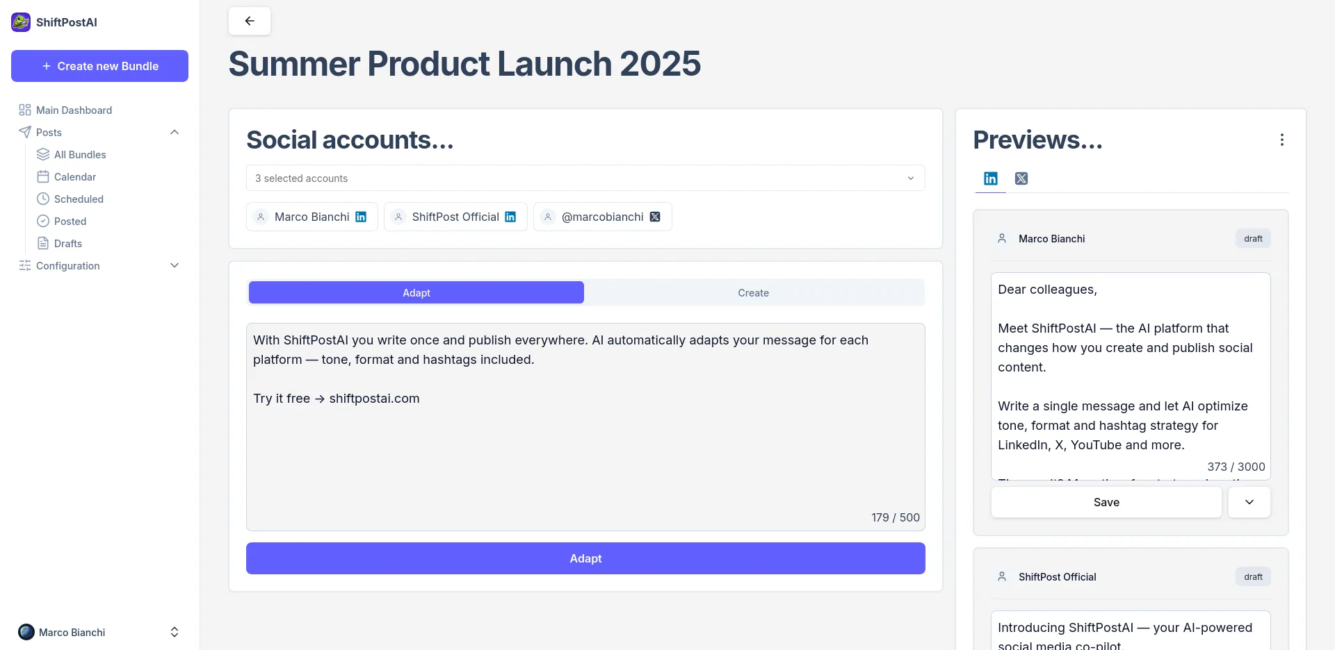 ShiftPostAI bundle editor with AI adaptation