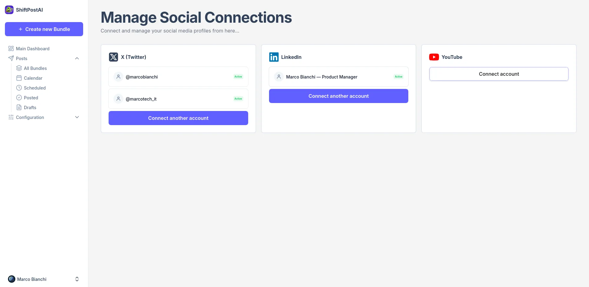 ShiftPostAI social accounts management view